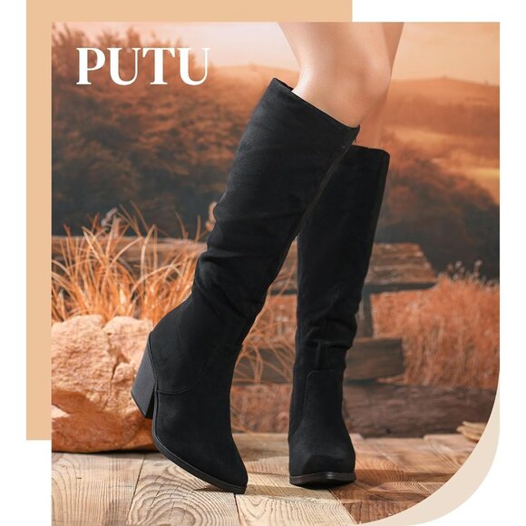 Womens Knee High Faux Suede Boots Stacked Chunky Heel Side Zipper Tall Boots - Picture 4 of 7